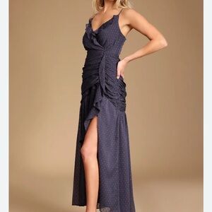 Season of Soirees Navy Blue Clipped Dot Ruffled Maxi Dress XS